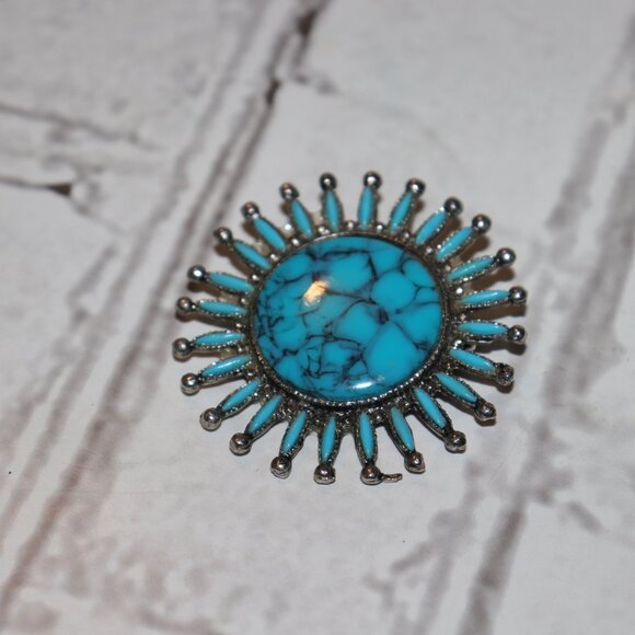 🌵 Vintage Silver & Faux Turquoise Brooch – 2" Wide  💙 - Picture 3 of 4